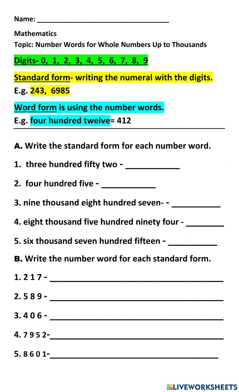 Standard Form And Word Form Of Numbers Worksheet Live Worksheets 