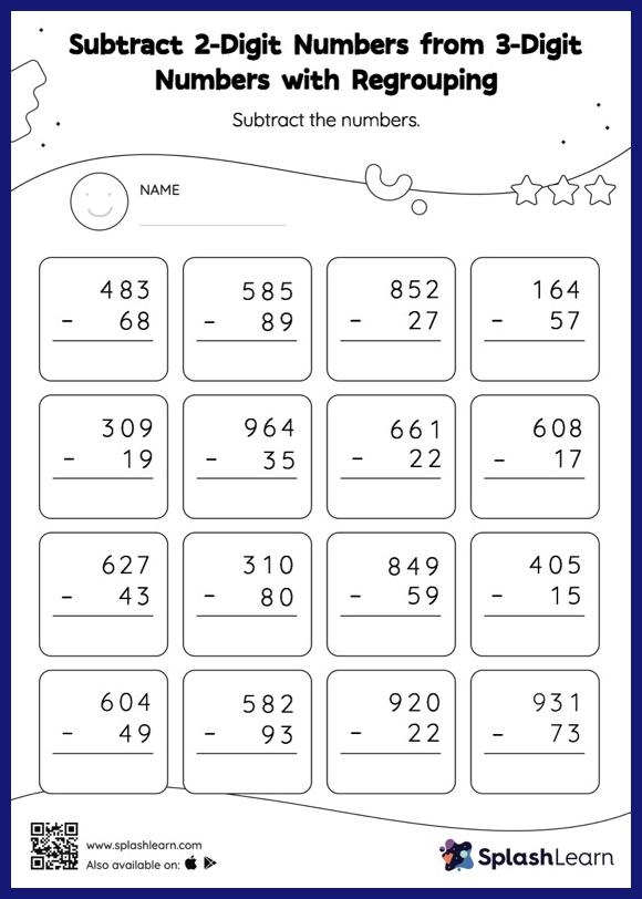Subtract 2 Digit Numbers From 3 Digit Numbers With Regrouping Vertical 