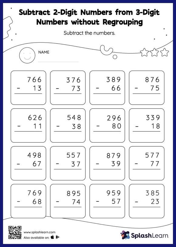 Subtract 2 Digit Numbers From 3 Digit Numbers Without Regrouping 