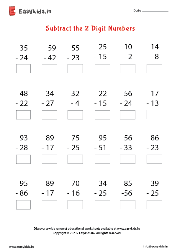 Subtract 2 Digit Numbers Worksheet