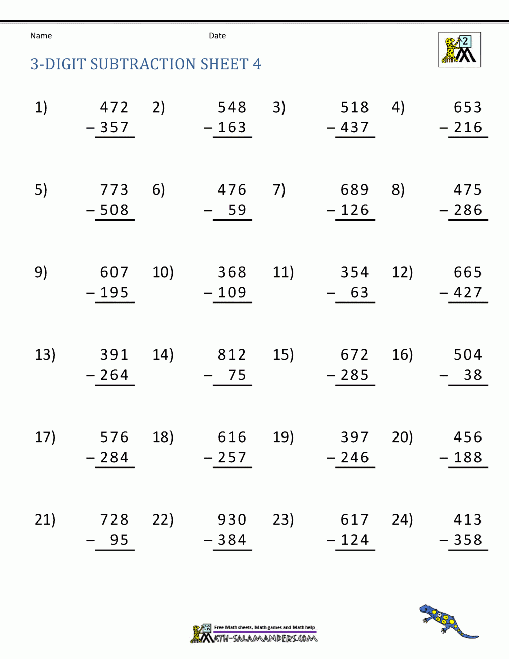 subtract 3 digit numbers with regrouping worksheets