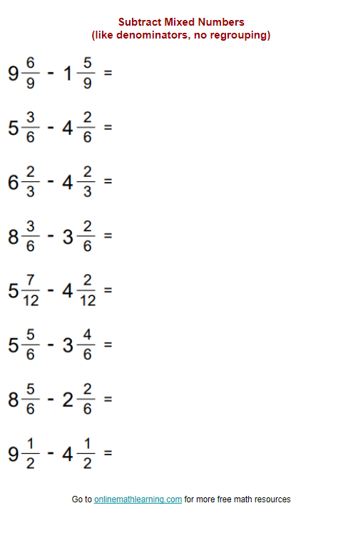 subtracting mixed numbers with different denominators worksheet