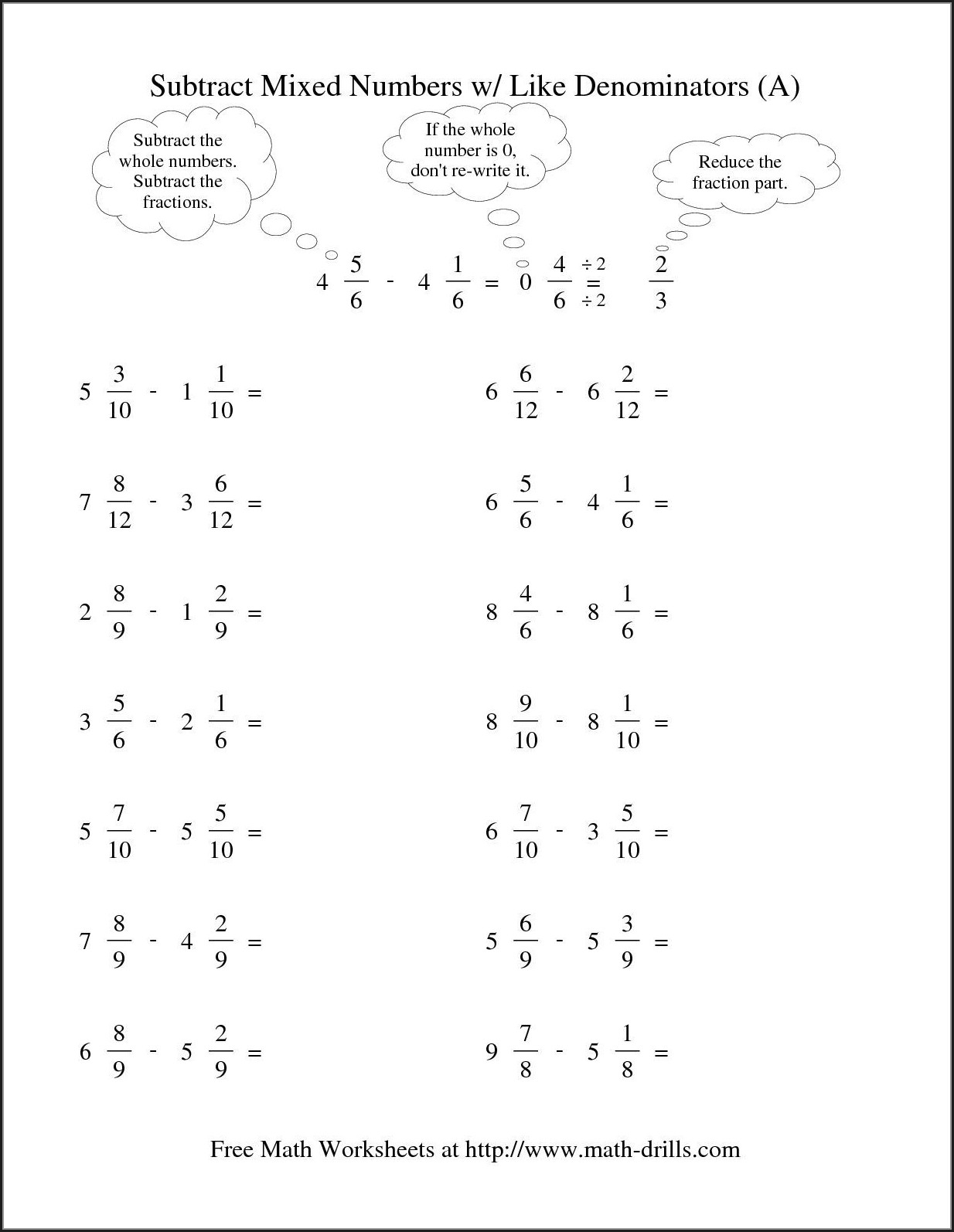 Subtract Mixed Numbers With Regrouping Worksheet