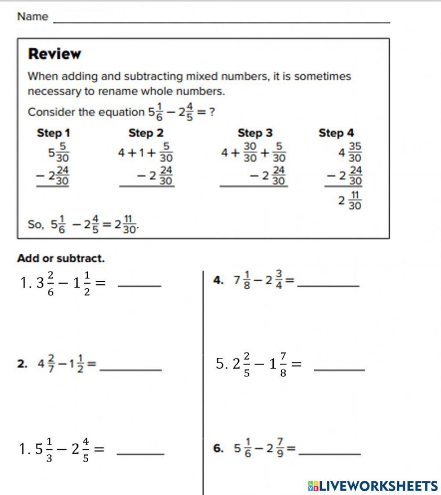 Subtract Mixed Numbers With Regrouping Worksheet