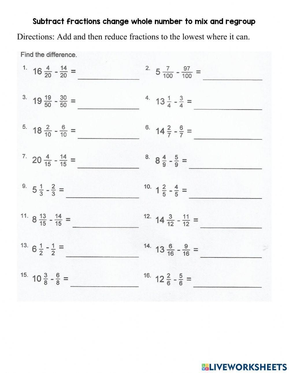 Subtract Mixed Numbers With Unlike Denominators Regrouping 