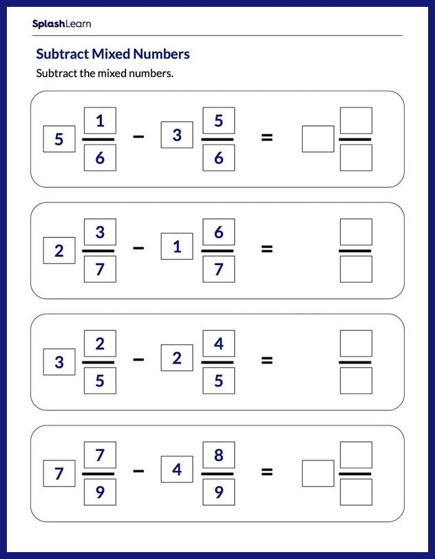 Subtract Mixed Numbers Without Models Math Worksheets SplashLearn 