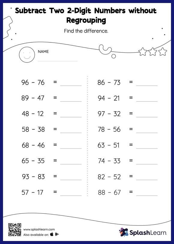 Subtract Two 2 Digit Numbers Without Regrouping Horizontal Subtraction 