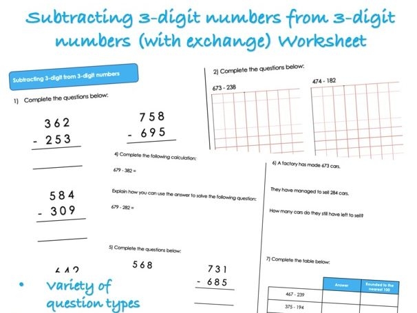 Subtracting 3 digit From 3 digit Numbers Worksheet with Exchange 