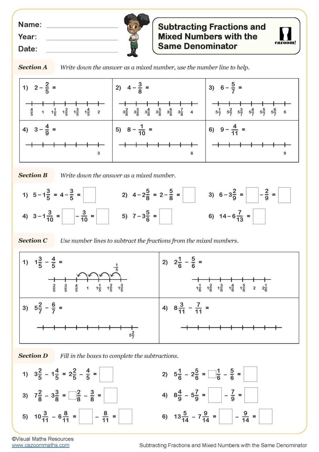 subtracting mixed numbers with same denominator worksheet