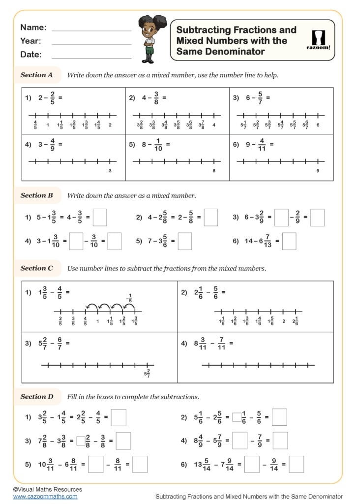 Subtracting Fractions And Mixed Numbers With The Same Denominator 