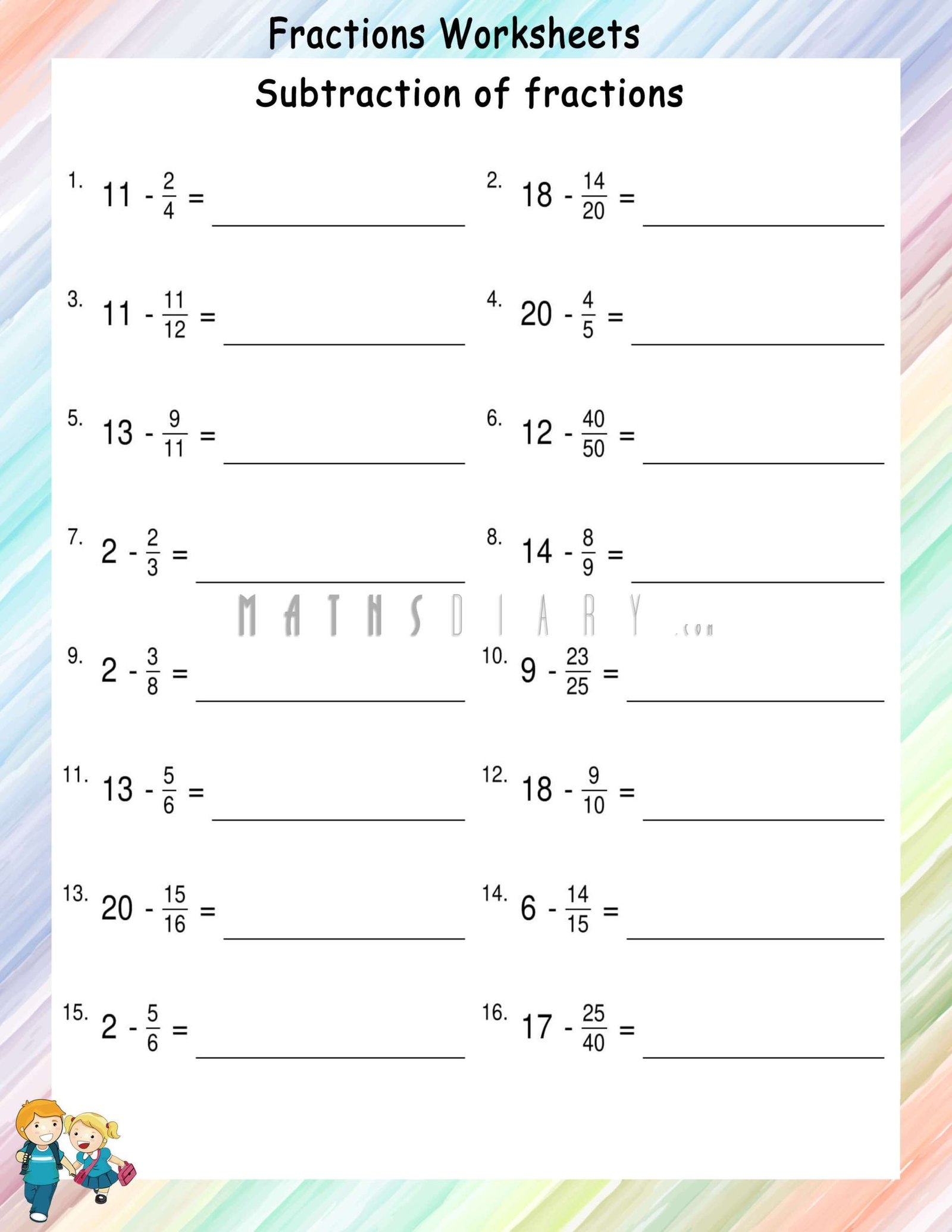 Subtracting Fractions From Whole Numbers Math Worksheets MathsDiary