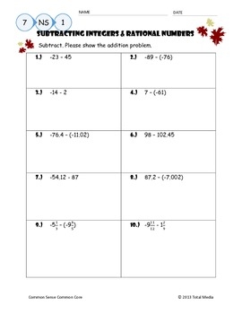 subtracting rational numbers worksheet
