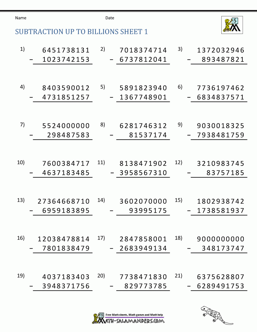 subtracting large numbers worksheet