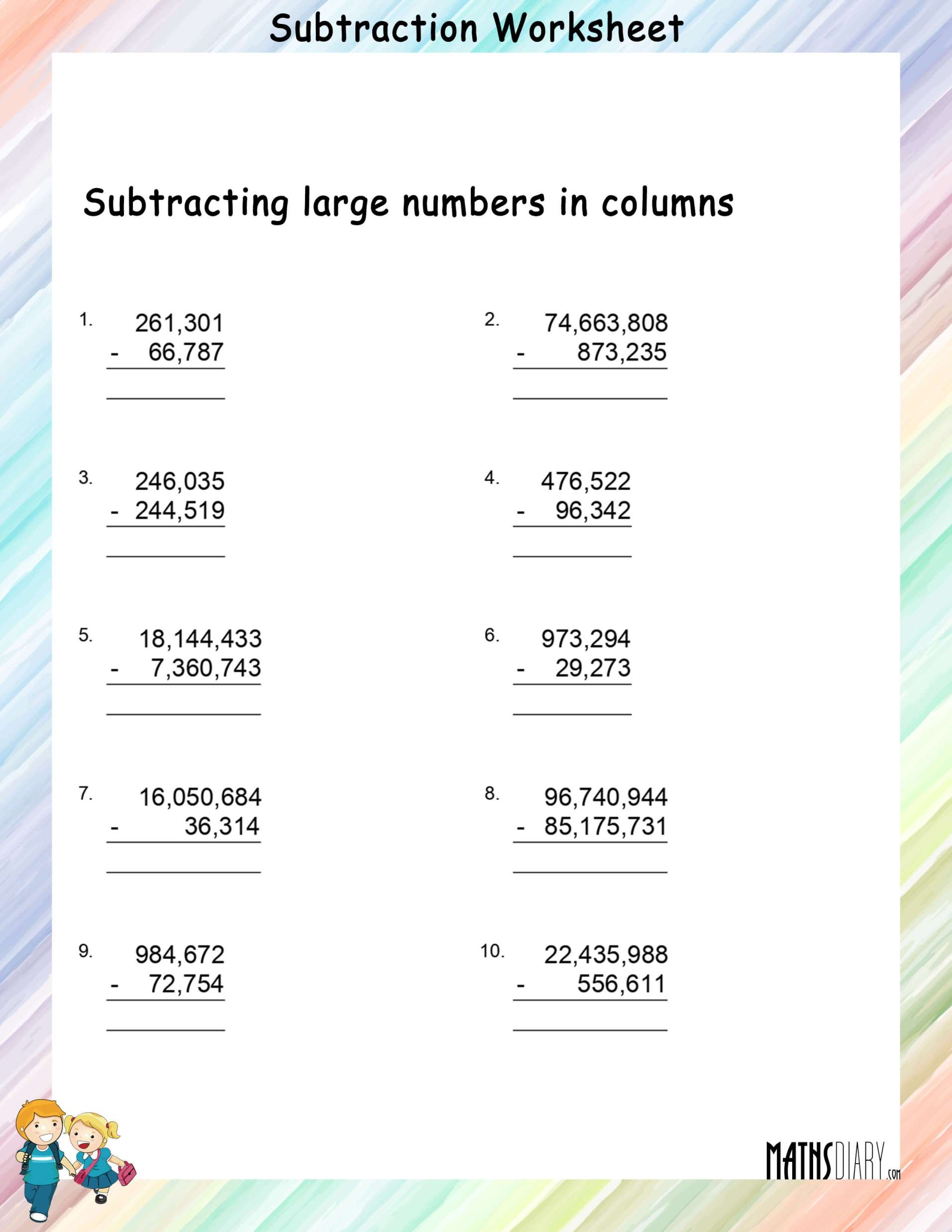 Subtracting Large Numbers Worksheets And Exercise EngWorksheets 