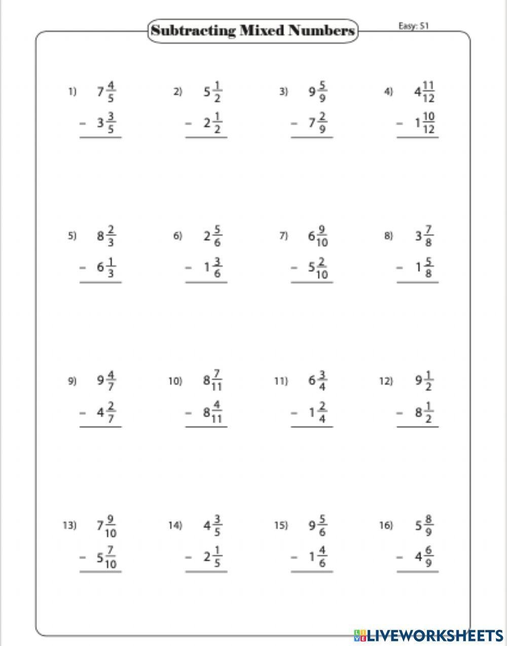 Subtracting Mixed Numbers Like Denominators Worksheet Live 
