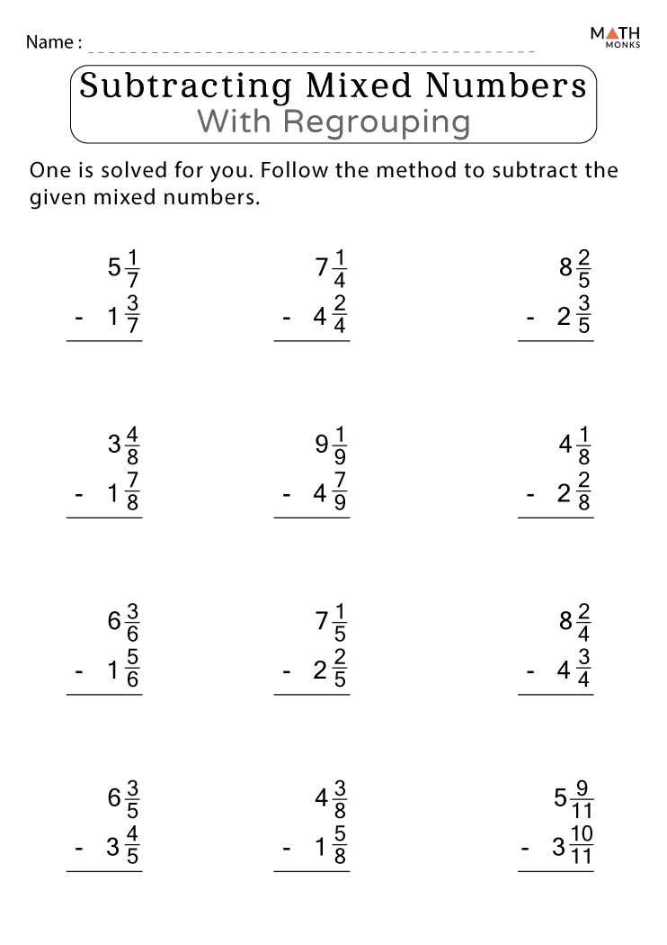 Subtracting Mixed Numbers With Regrouping Worksheets