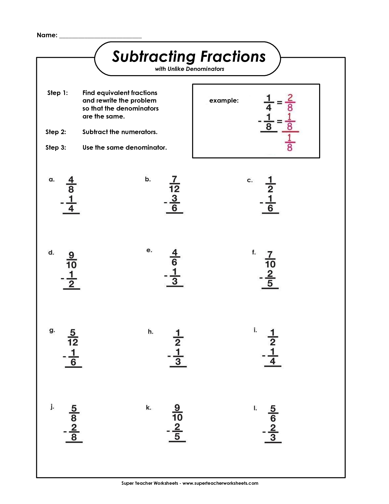 Subtracting Mixed Numbers With Unlike Denominators Worksheet 