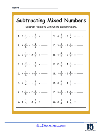 Subtracting Mixed Numbers Worksheets Worksheets Library