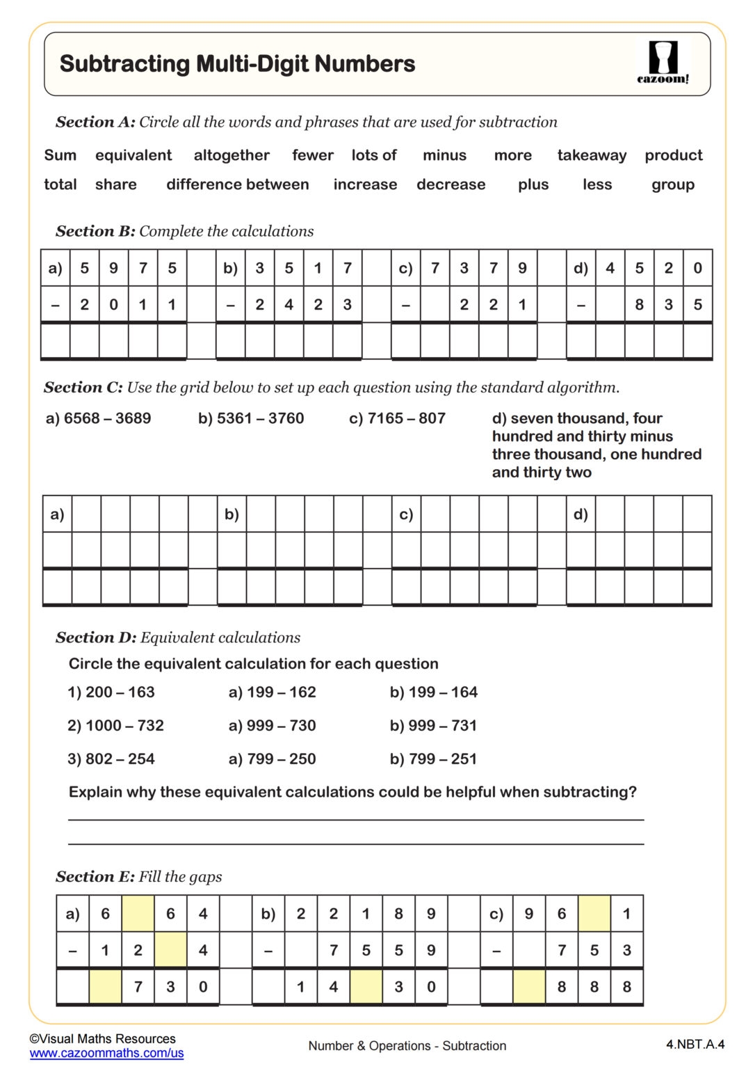Subtracting Multi Digit Numbers Worksheet Fun And Engaging 4th Grade 