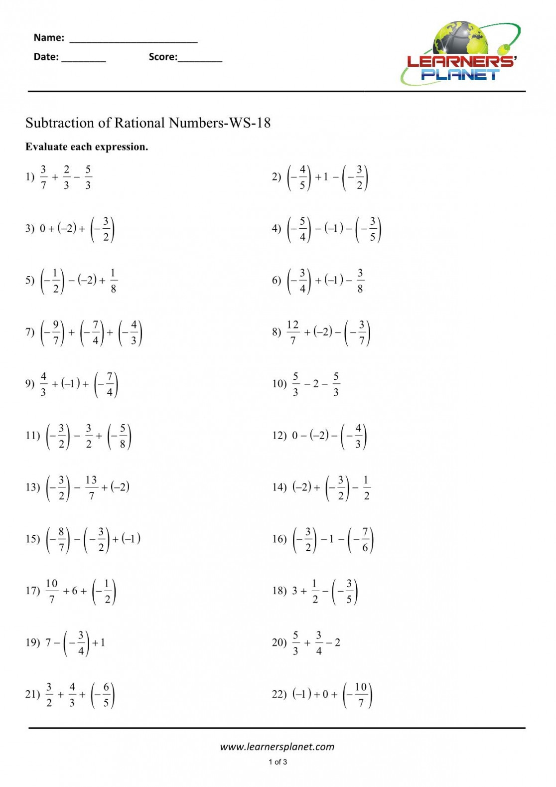 Subtracting Rational Numbers Worksheet Printable PDF Template