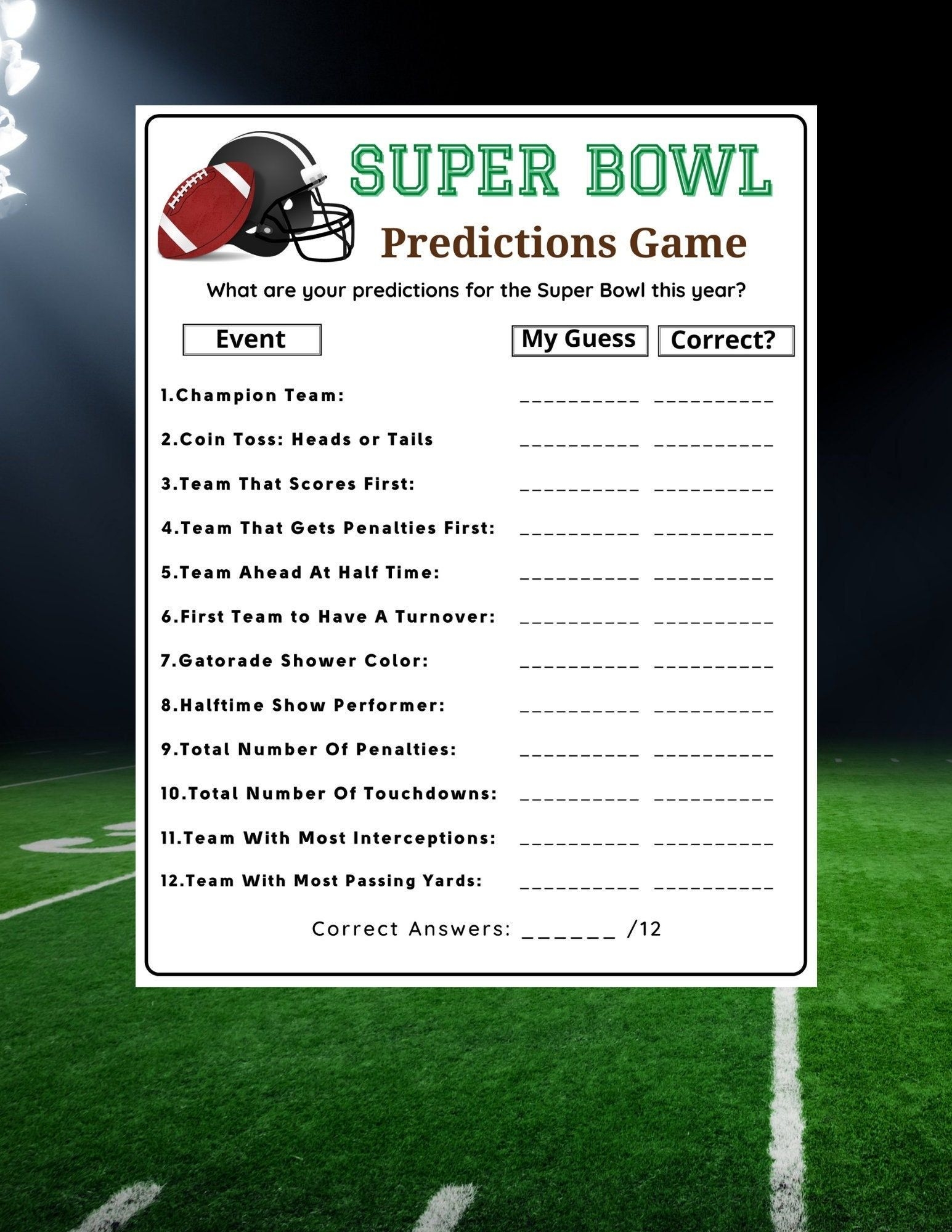 Super Bowl Predictions Game Football Quiz Super Bowl Party Game 