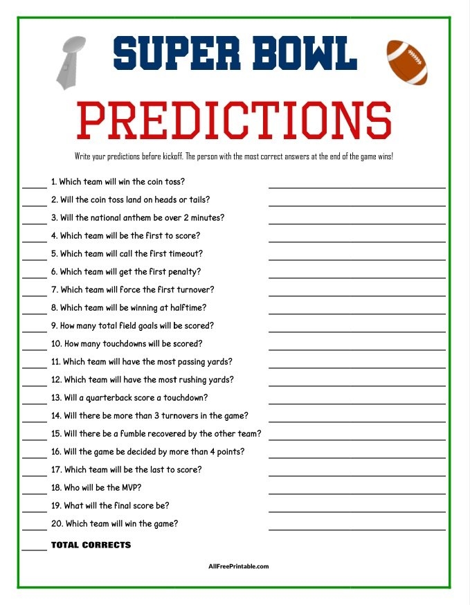 Super Bowl Predictions Game Free Printable