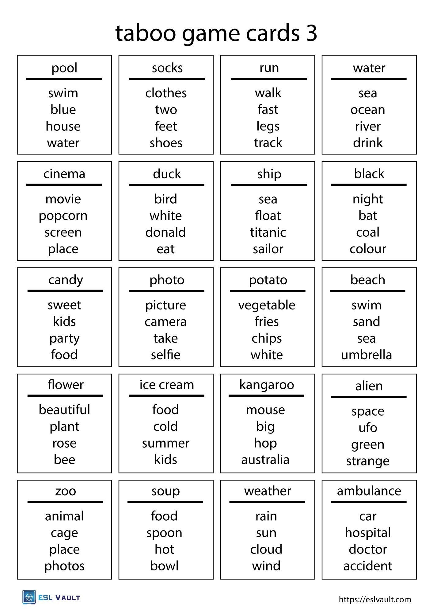 Taboo Game Cards Printable