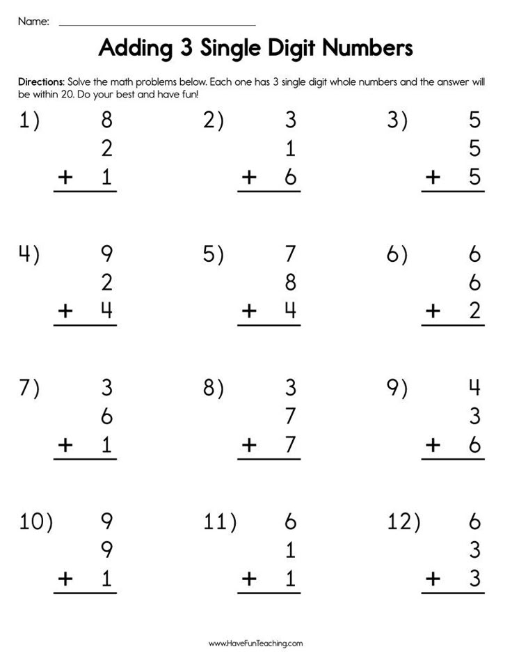 adding three single digit numbers worksheet