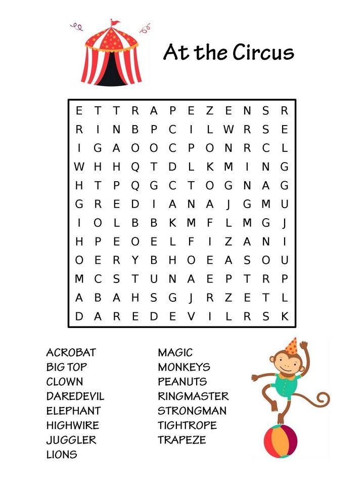 The Circus Word Search Is Shown With An Image Of A Monkey On Top Of A Ball