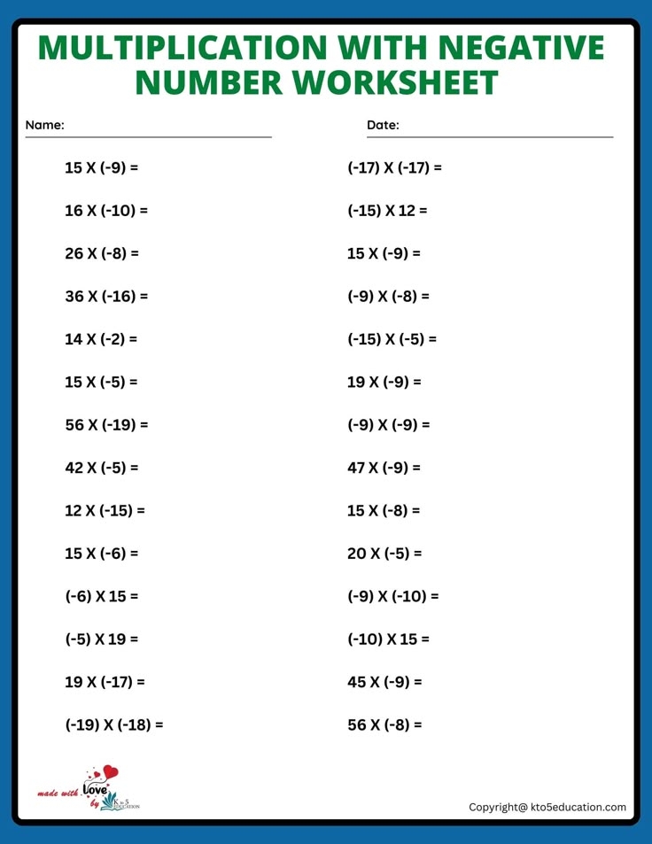 The Worksheet For Multiplation With Negative Numbers