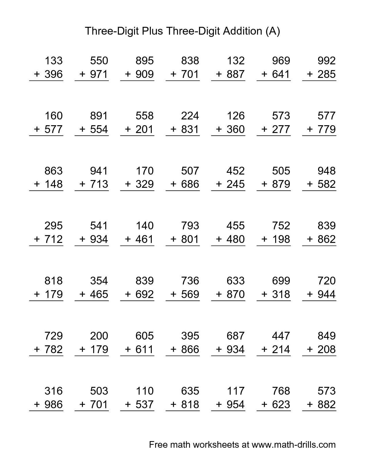 addition of 3 digit numbers with regrouping worksheets