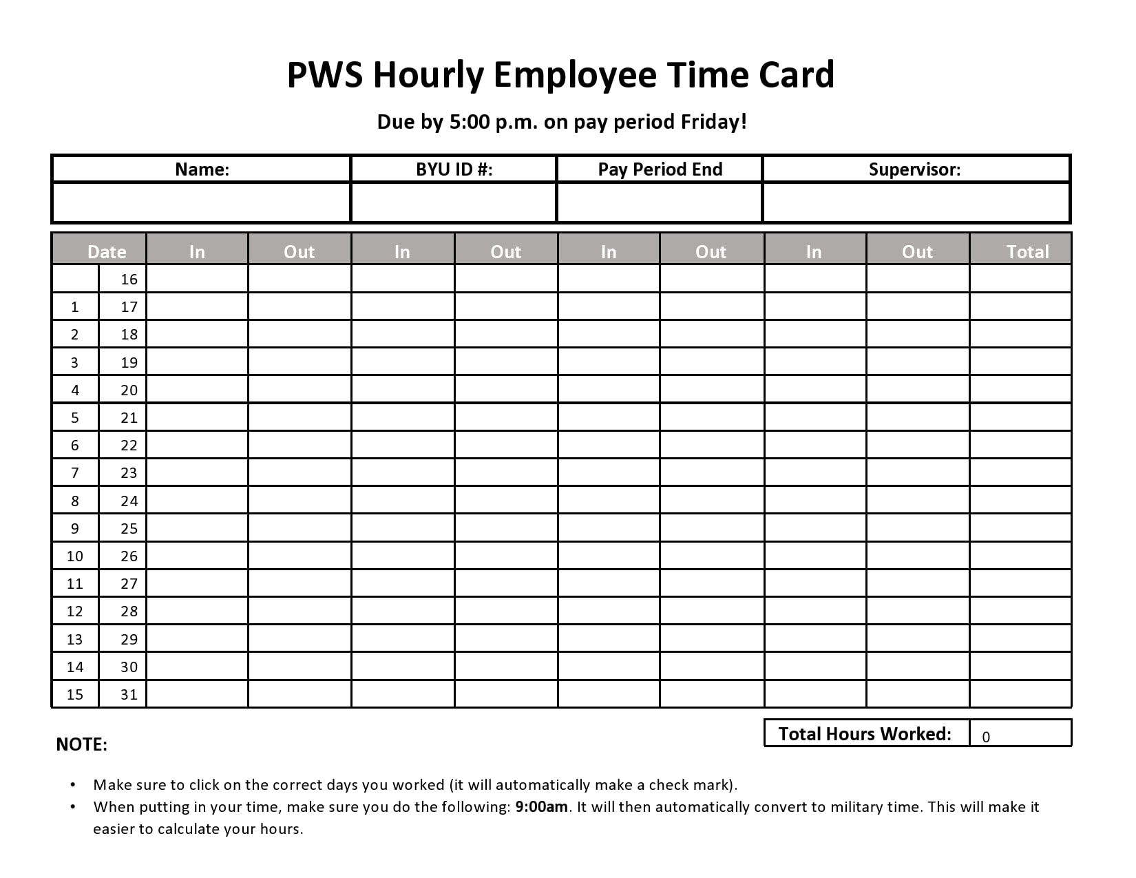 Time Card Templates Free Printable