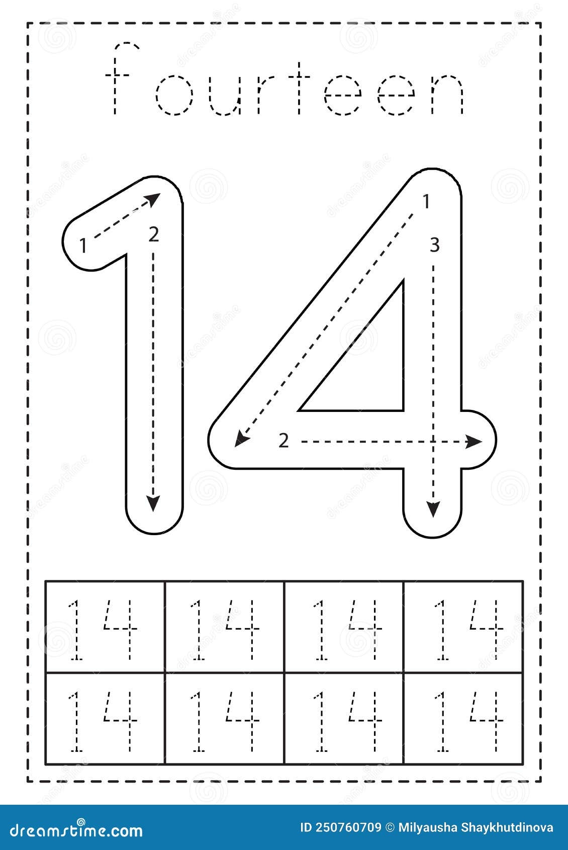 Tracing Number Fourteen Preschool Worksheet Black And White Stock 