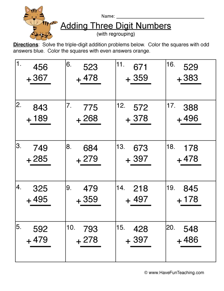 addition of 3 digit numbers worksheet