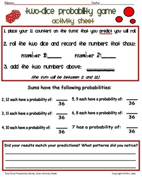 Two Dice Probability Game By Mrs Lane Teachers Pay Teachers