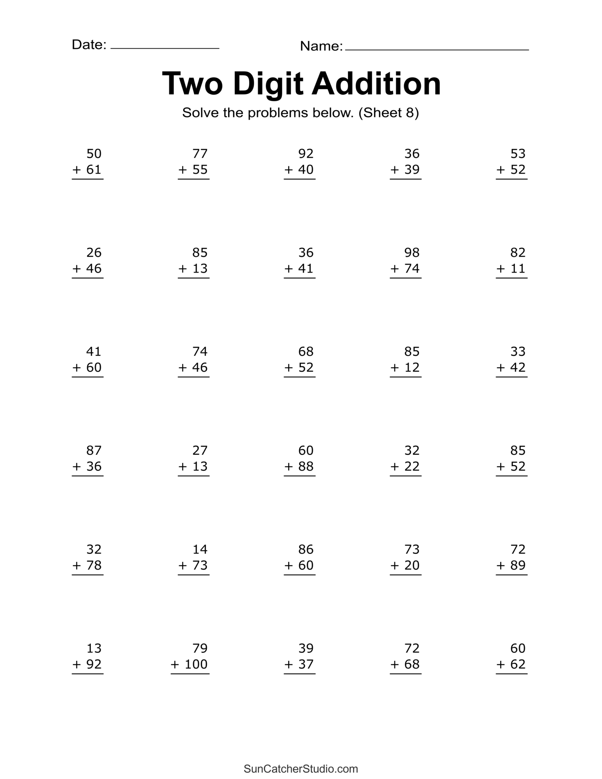 addition of two digit numbers worksheets