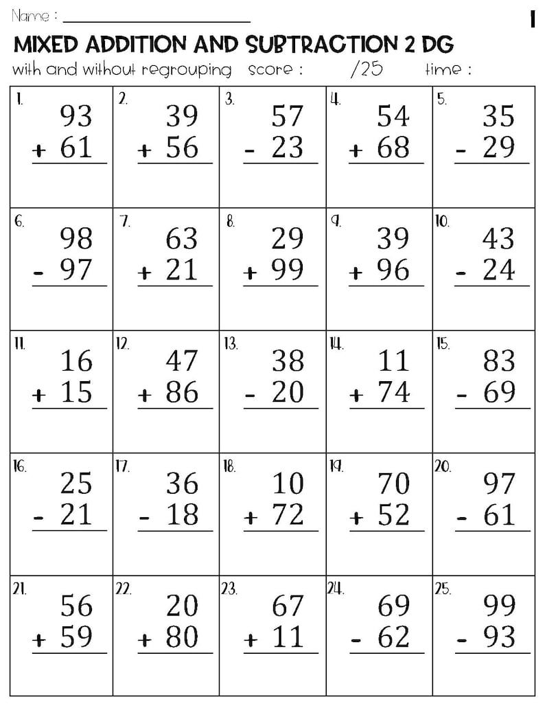 Two Digit Mixed Addition And Subtraction With And Without