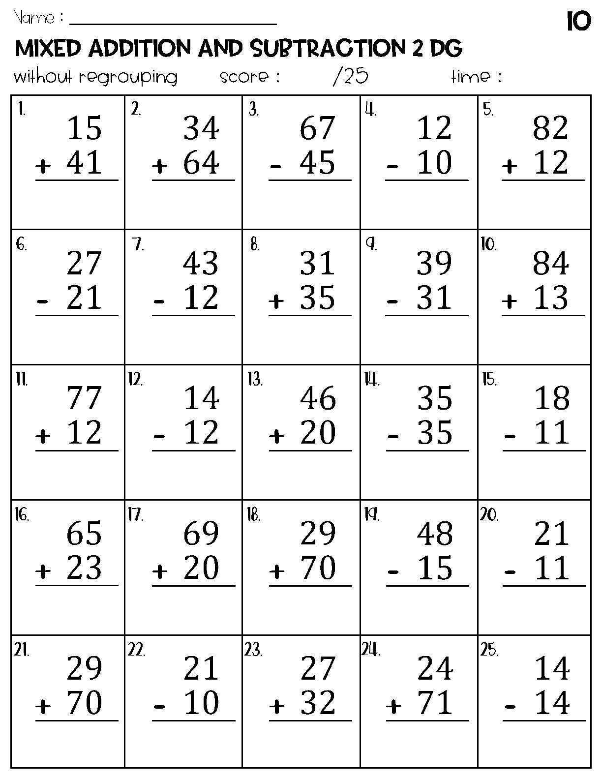 Two Digit Mixed Addition And Subtraction Without Regrouping 