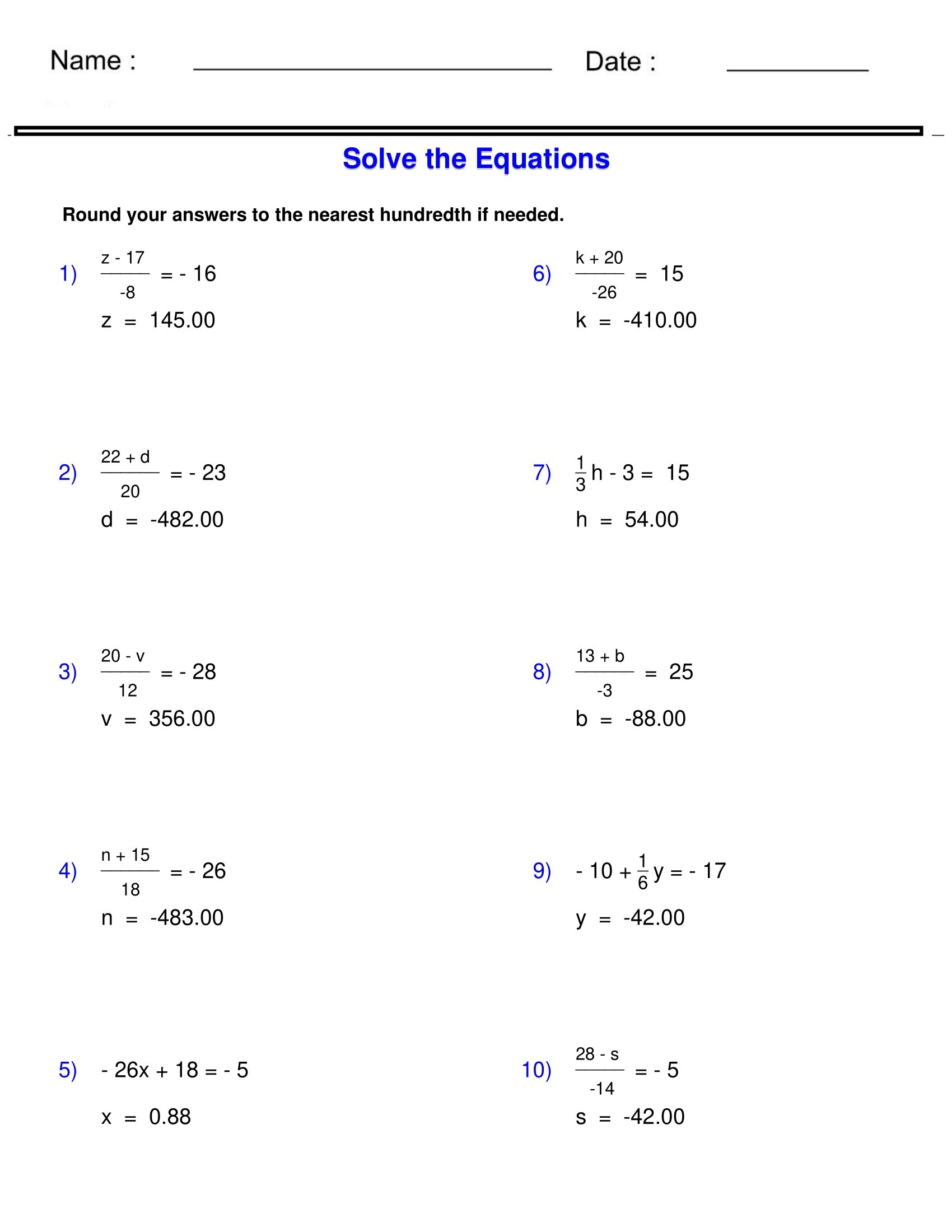 Two Step Equations Math Worksheets Worksheets Library