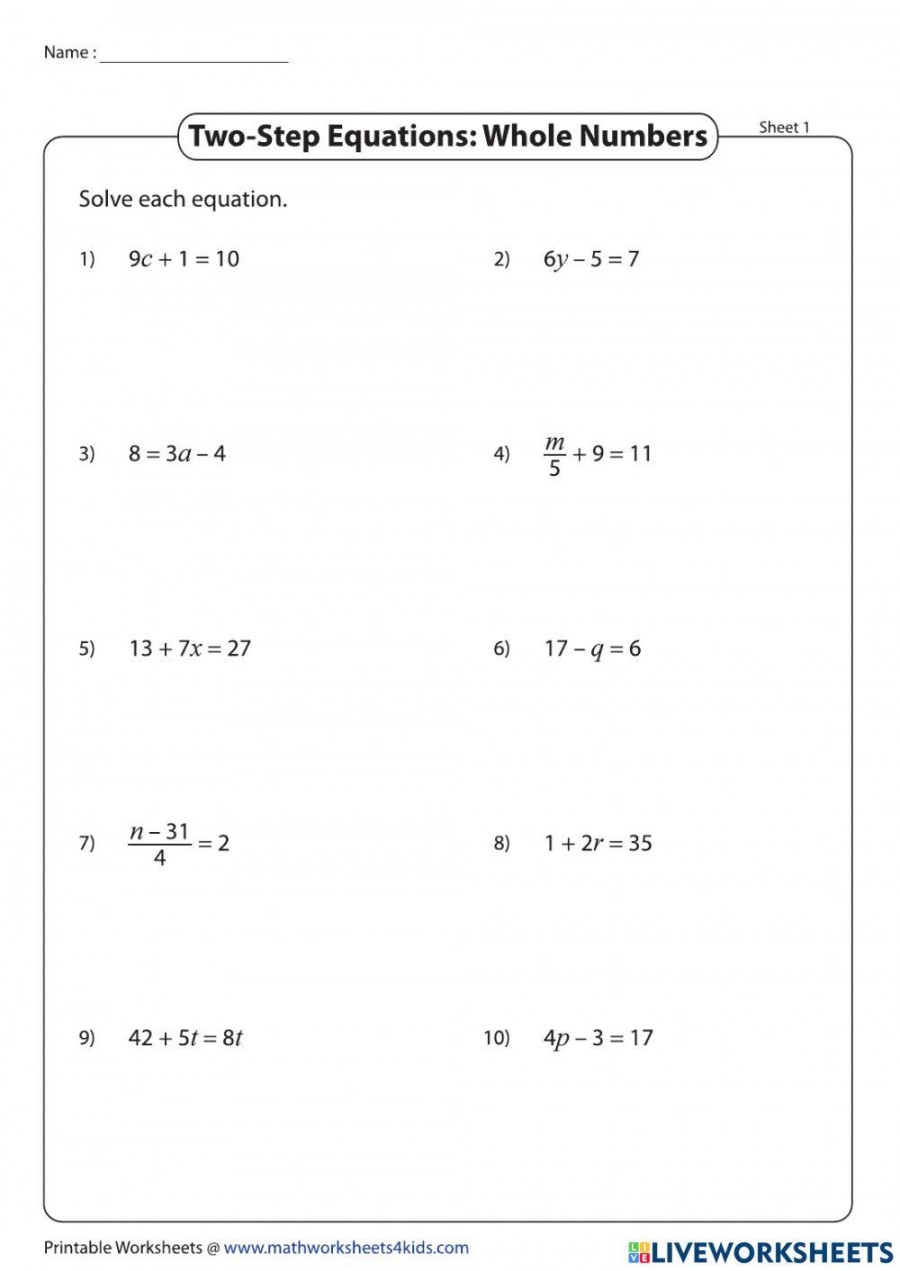 Two Step Equations Whole Numbers Worksheet Printable PDF Template