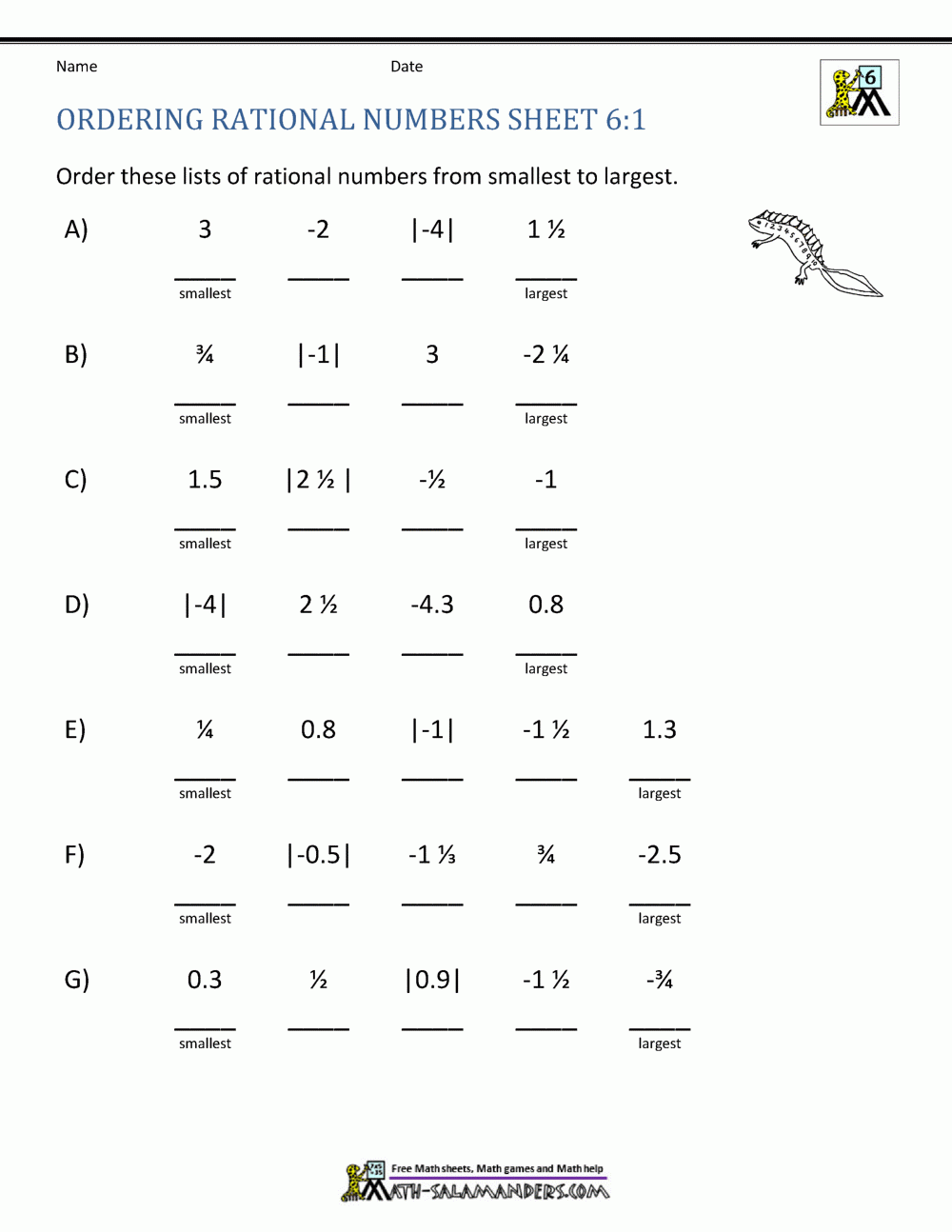 Unit 1 Lesson 6 Homework Comparing And Ordering Real Numbers 