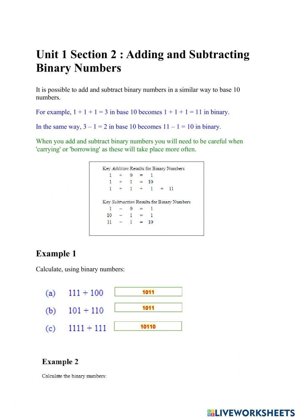 Unit 1 Section 2 Adding And Subtracting Binary Numbers Worksheet 