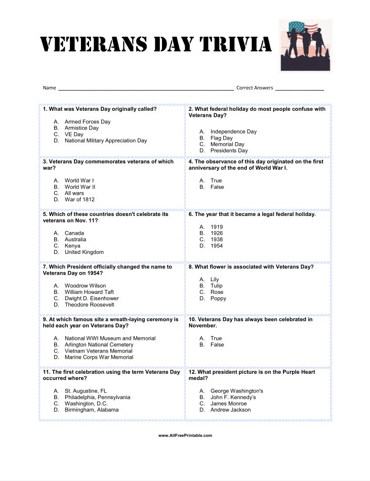 Veterans Day Trivia Free Printable