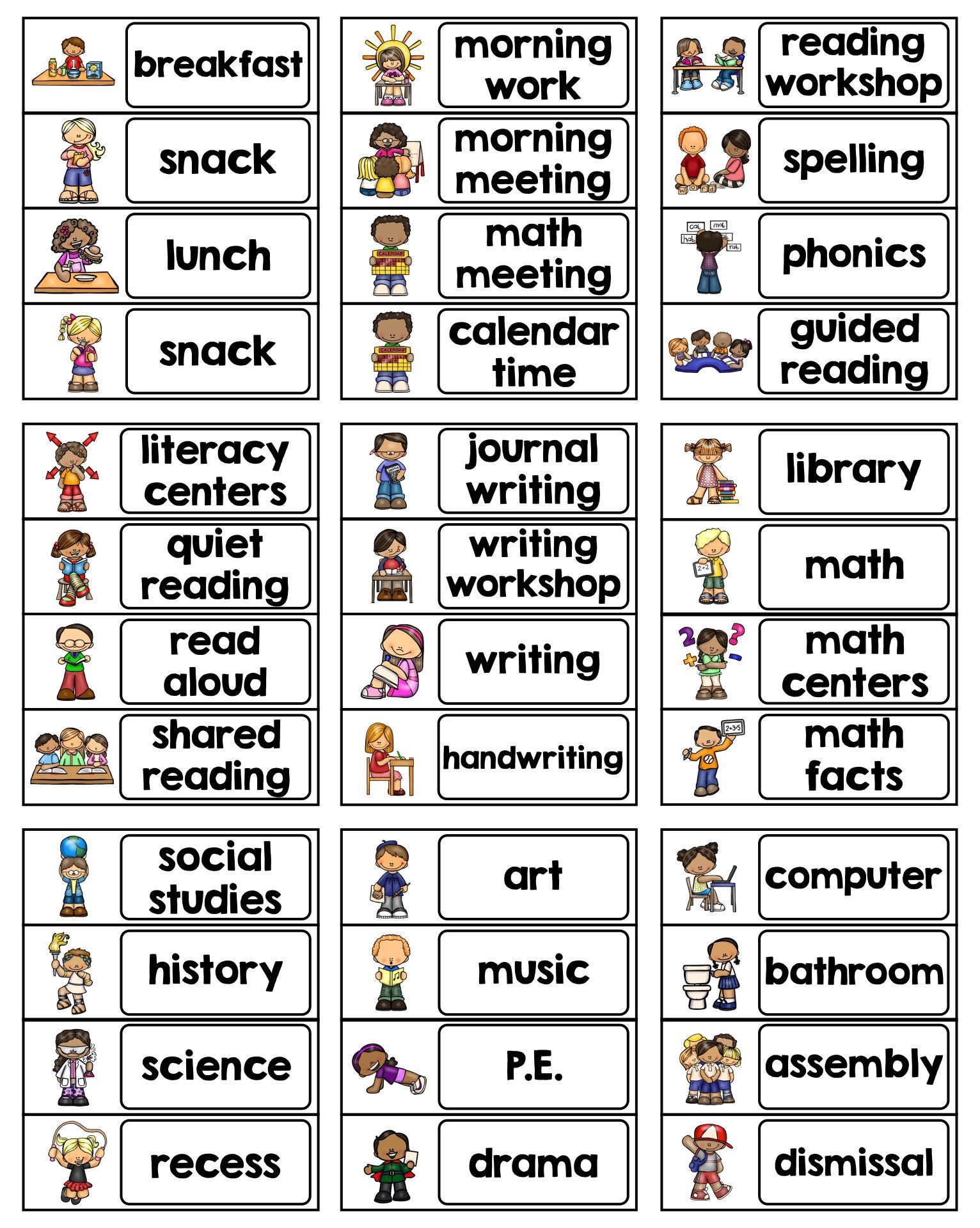 printable daily schedule for preschool classroom with pictures