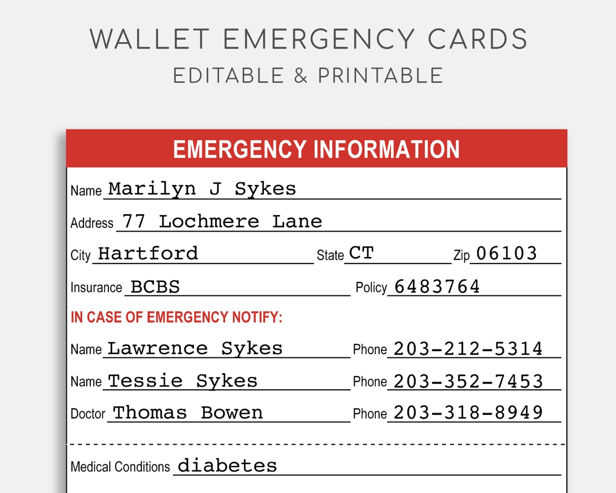 Wallet Printable Emergency Card Template Fillable Form 2025
