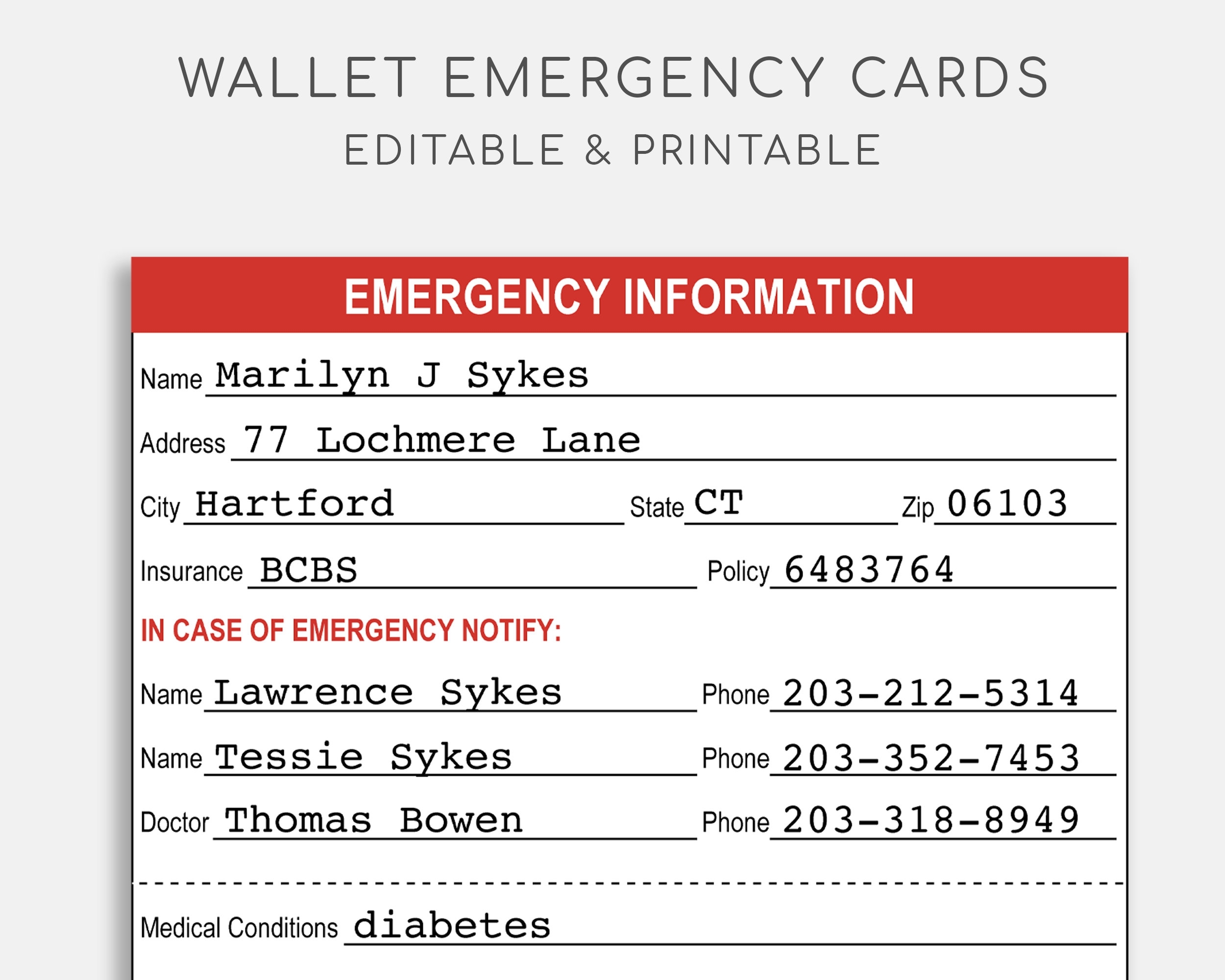 word printable emergency card template