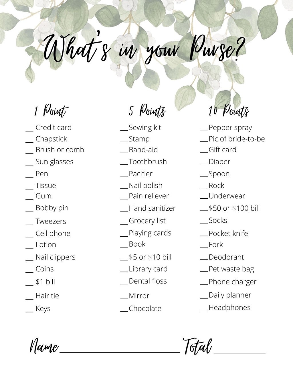 free printable bridal shower games what's in your purse