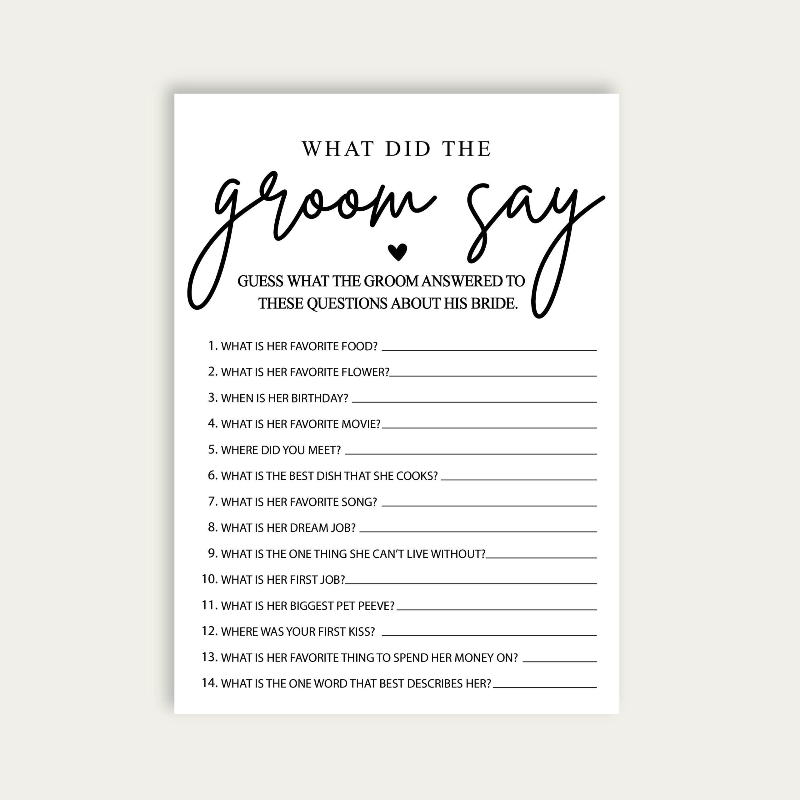 What Did The Groom Say Bridal Shower Game Bridal Shower Printable The 