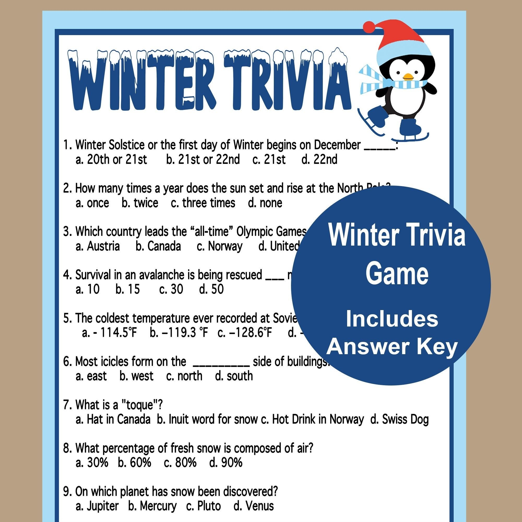 Winter Trivia Game Printable Winter Game Fun Winter Games Winter