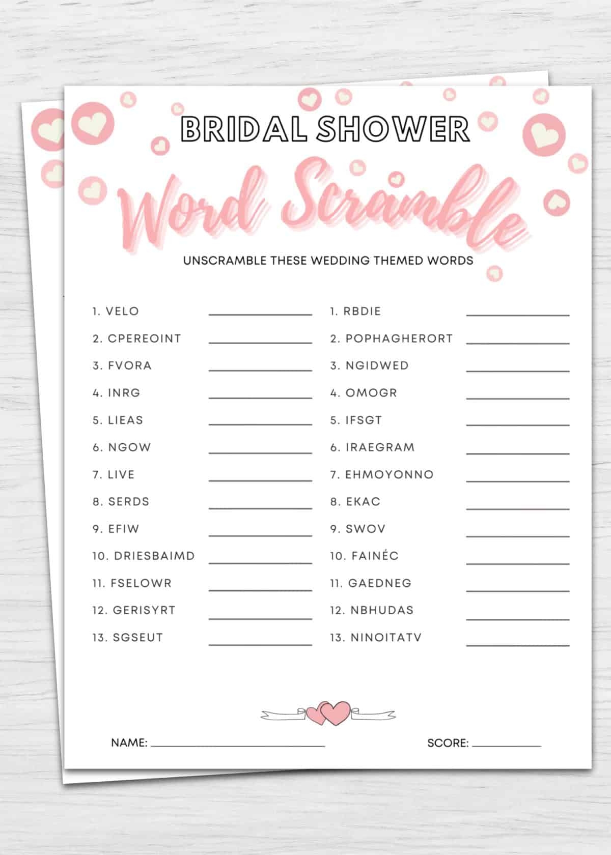free printable bridal shower word scramble game